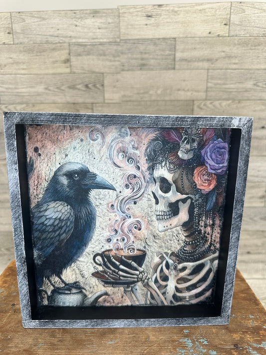 Halloween Skull Drinking Coffee w/Crow 8" x 8" Sign