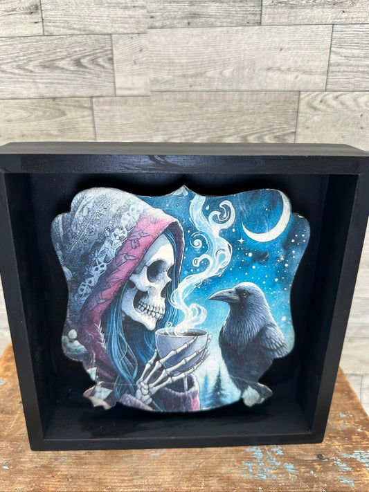 Halloween Sign with a Skull Drinking Coffee and a Crow