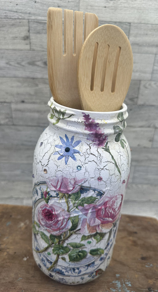 Large Glass Mason Jar Floral w/Birds Utensil Holder
