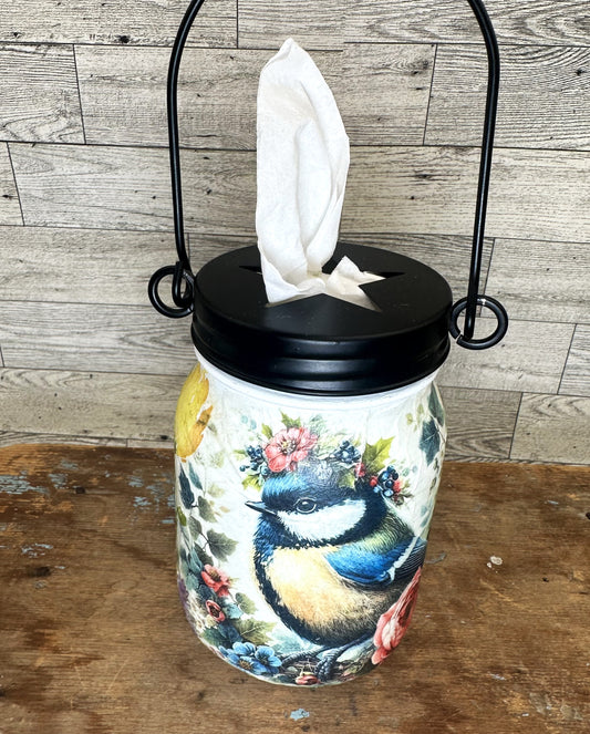 Birds & Flowers Mason Jar Hanging Tissue Holder