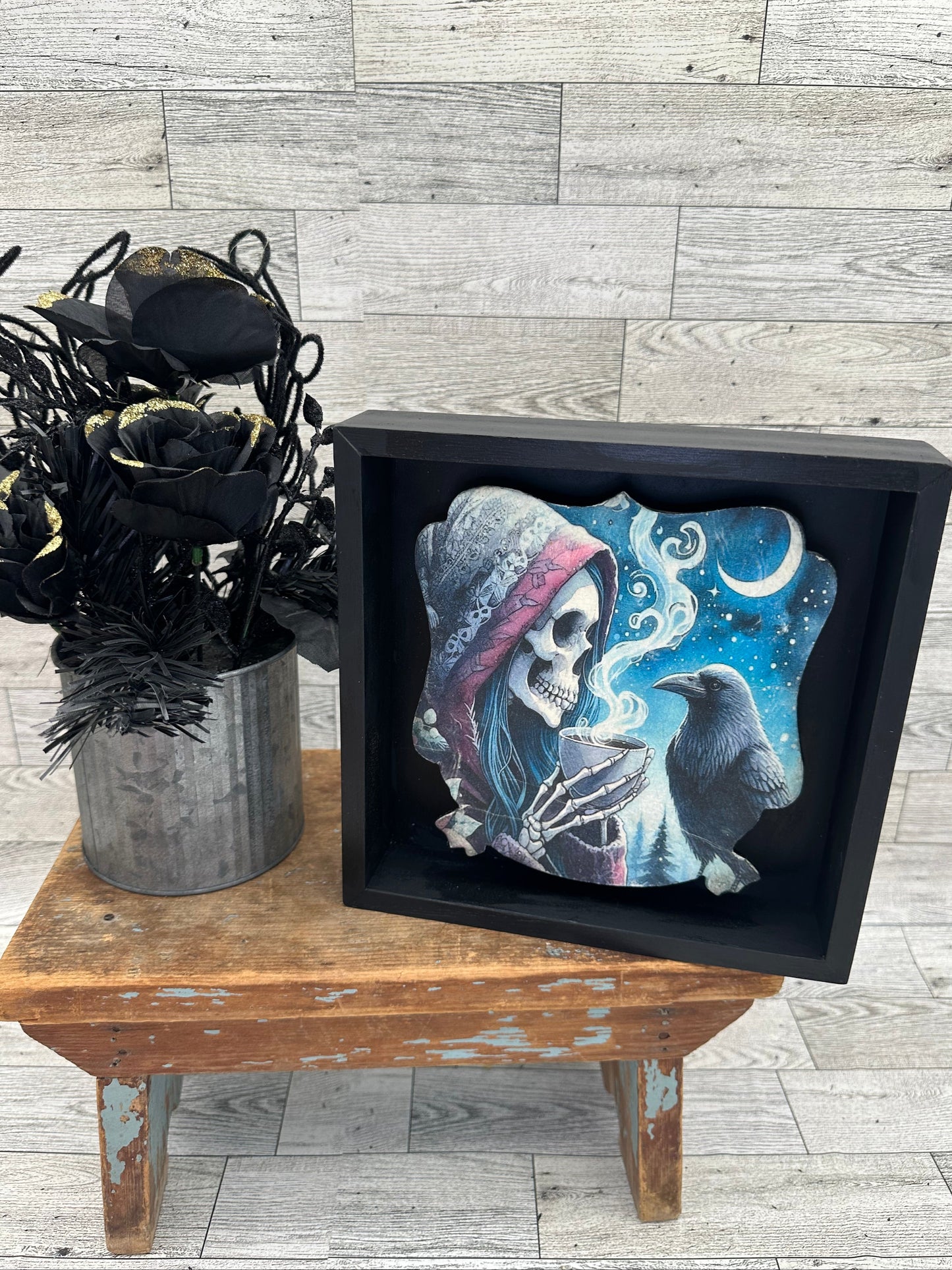 Halloween Sign with a Skull Drinking Coffee and a Crow