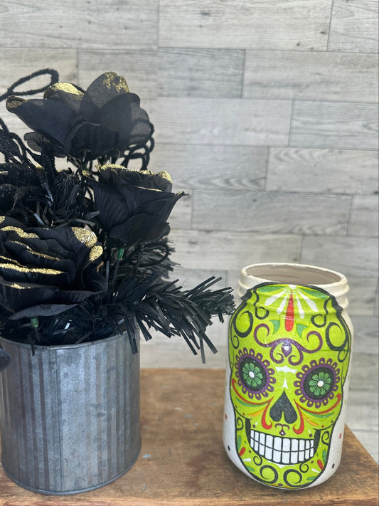 Halloween 16 oz Soy Wax Grape/Apple Scented Candle w/Green Colorful Skull