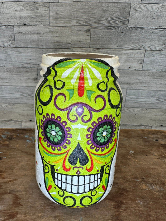 Halloween 16 oz Soy Wax Grape/Apple Scented Candle w/Green Colorful Skull