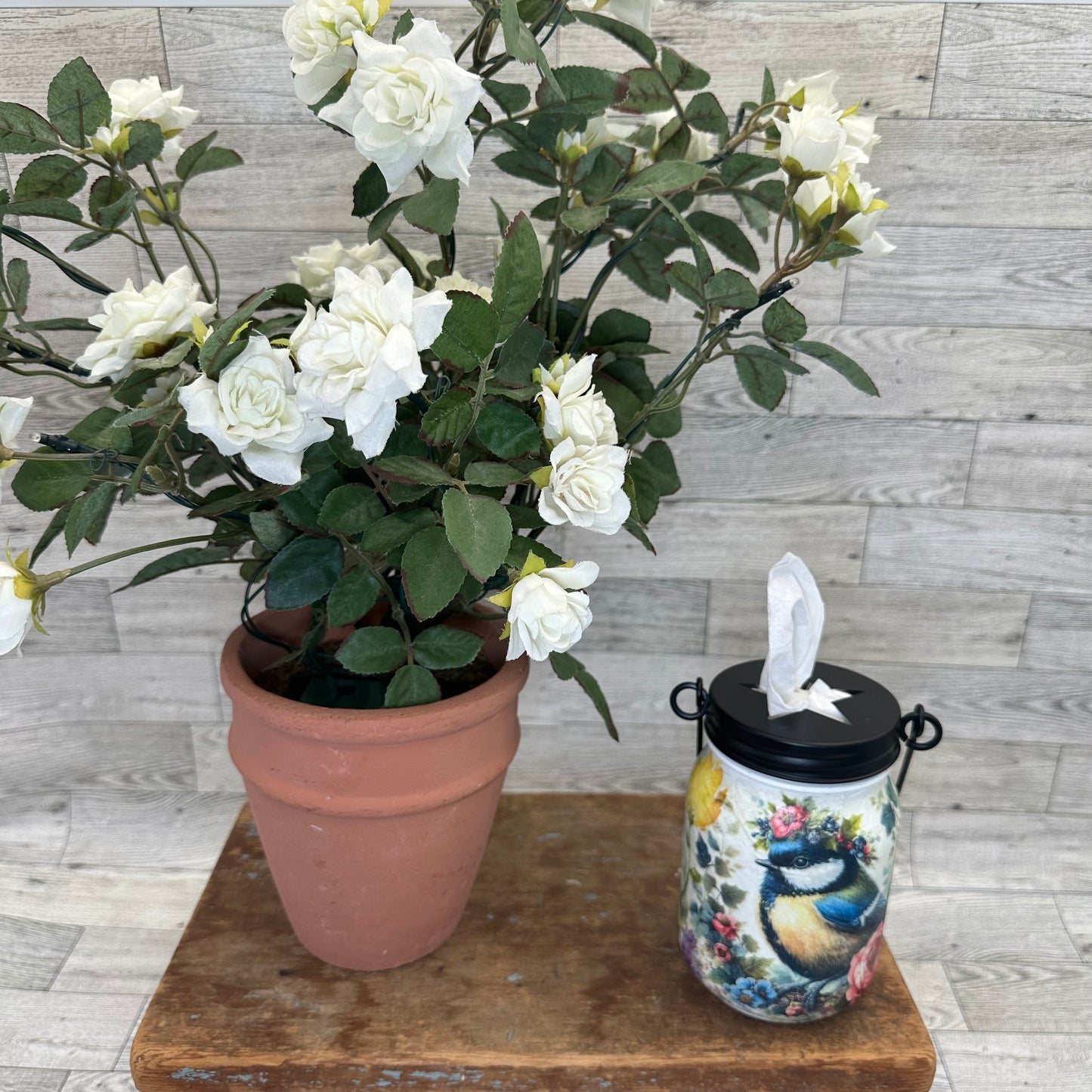 Birds & Flowers Mason Jar Hanging Tissue Holder