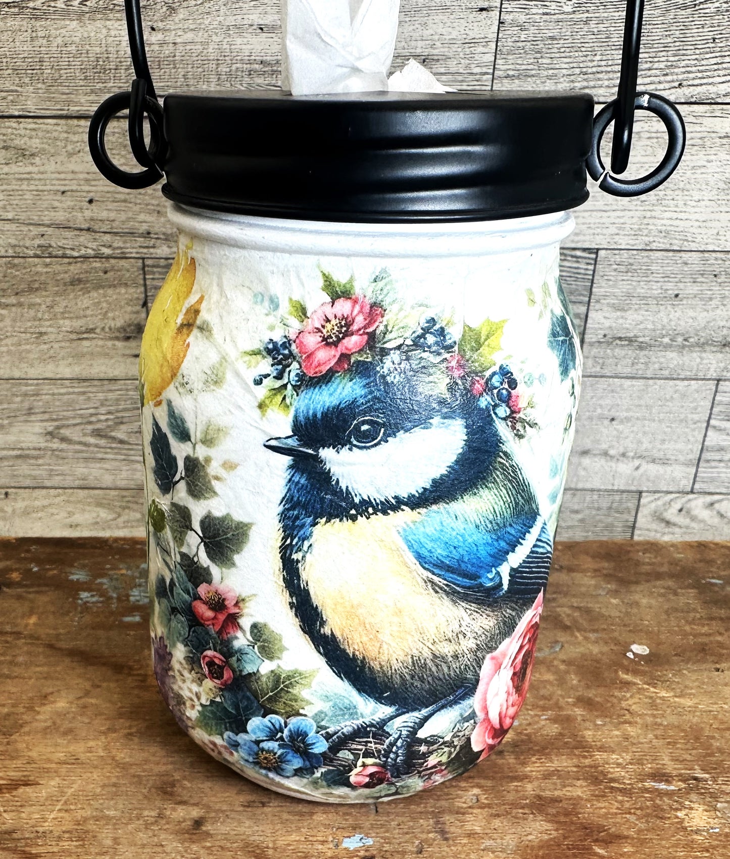 Birds & Flowers Mason Jar Hanging Tissue Holder