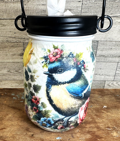 Birds & Flowers Mason Jar Hanging Tissue Holder