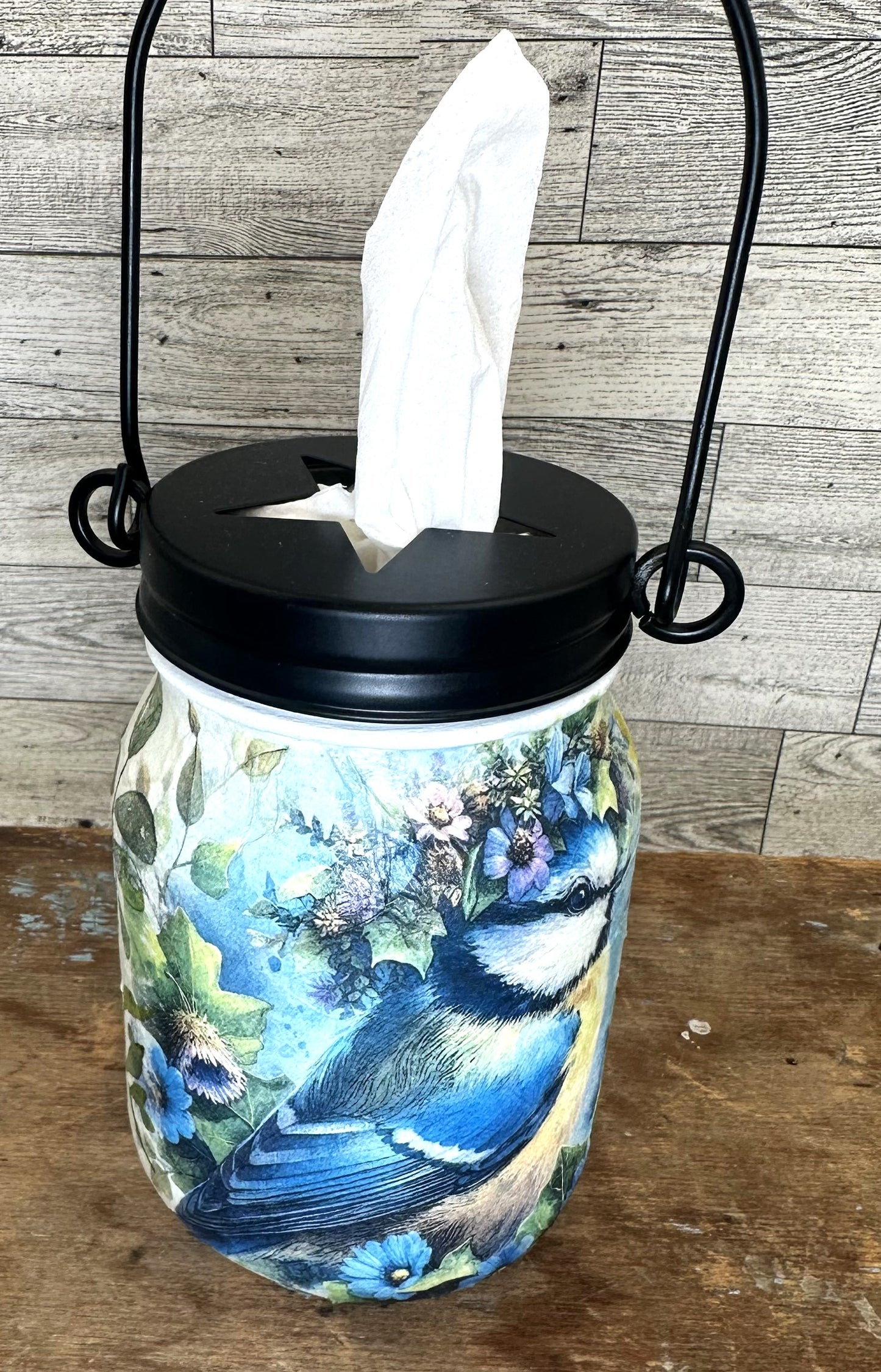 Birds & Flowers Mason Jar Hanging Tissue Holder