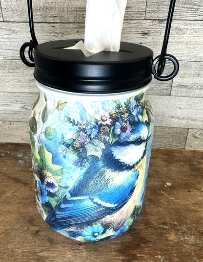 Birds & Flowers Mason Jar Hanging Tissue Holder