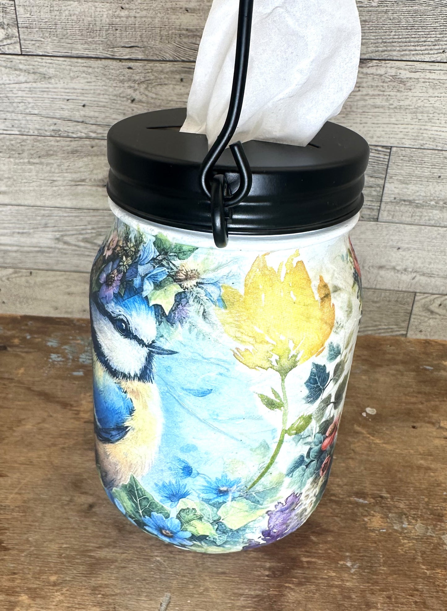 Birds & Flowers Mason Jar Hanging Tissue Holder