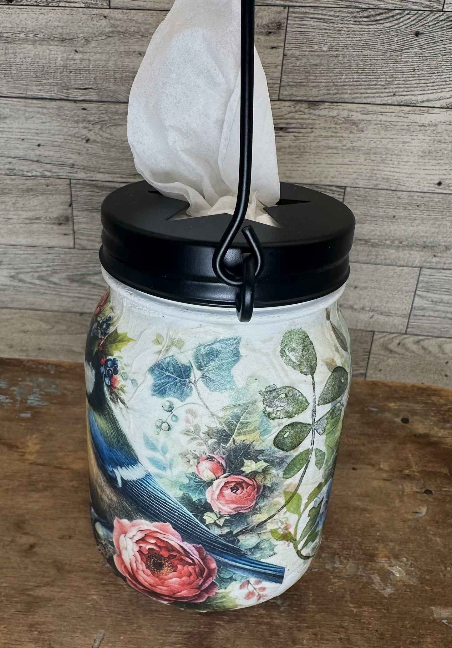 Birds & Flowers Mason Jar Hanging Tissue Holder